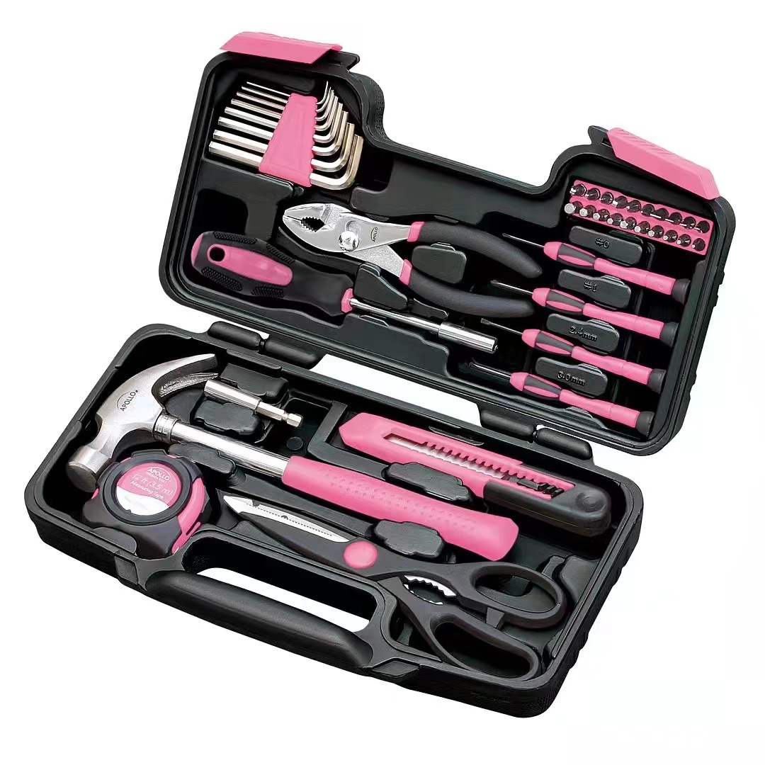 A complete 39-piece DIY hand tool set laid out and organized — screwdrivers, pliers, hammer, wrenches, tape measure, and more