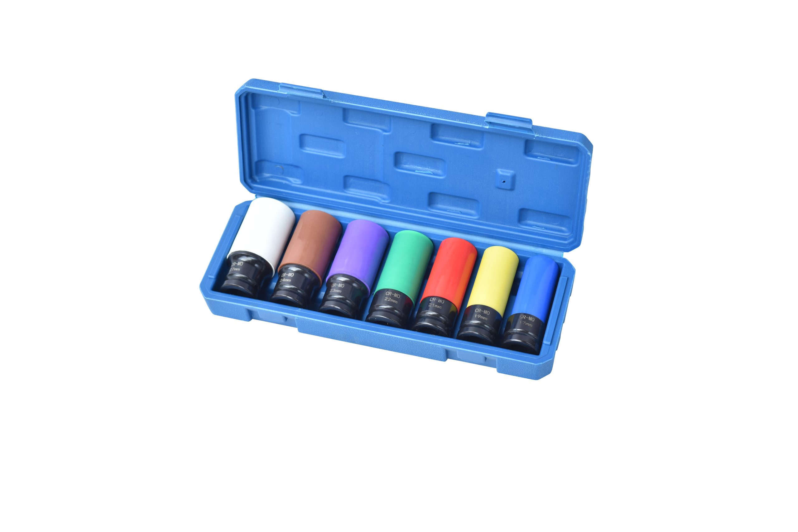 Blow-mold case socket set with color-coded protective sockets