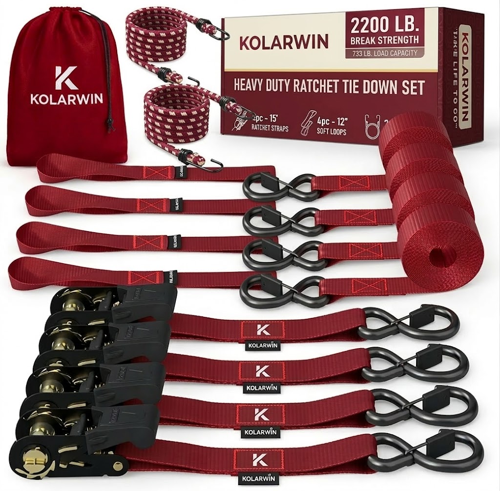 Kolarwin high-strength ratchet tie-down straps for cargo securing