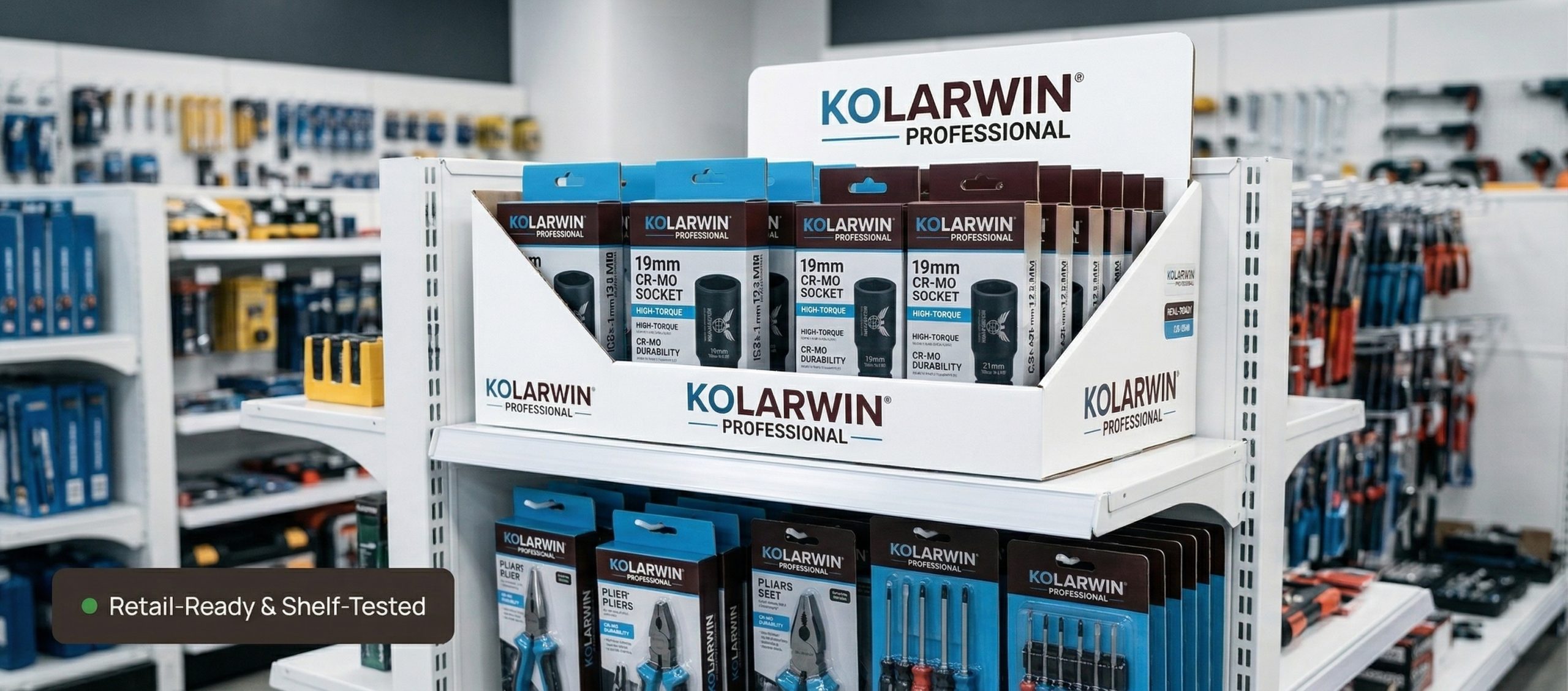 Retail-ready tool kits with eye-catching packaging for hardware stores and DIY chains