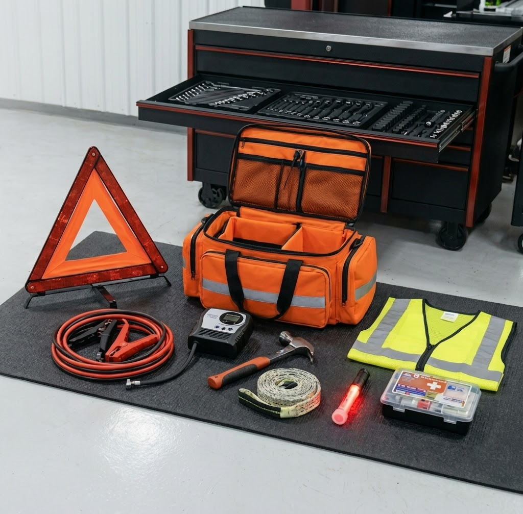 auto repair shop using roadside car emergency safety tools