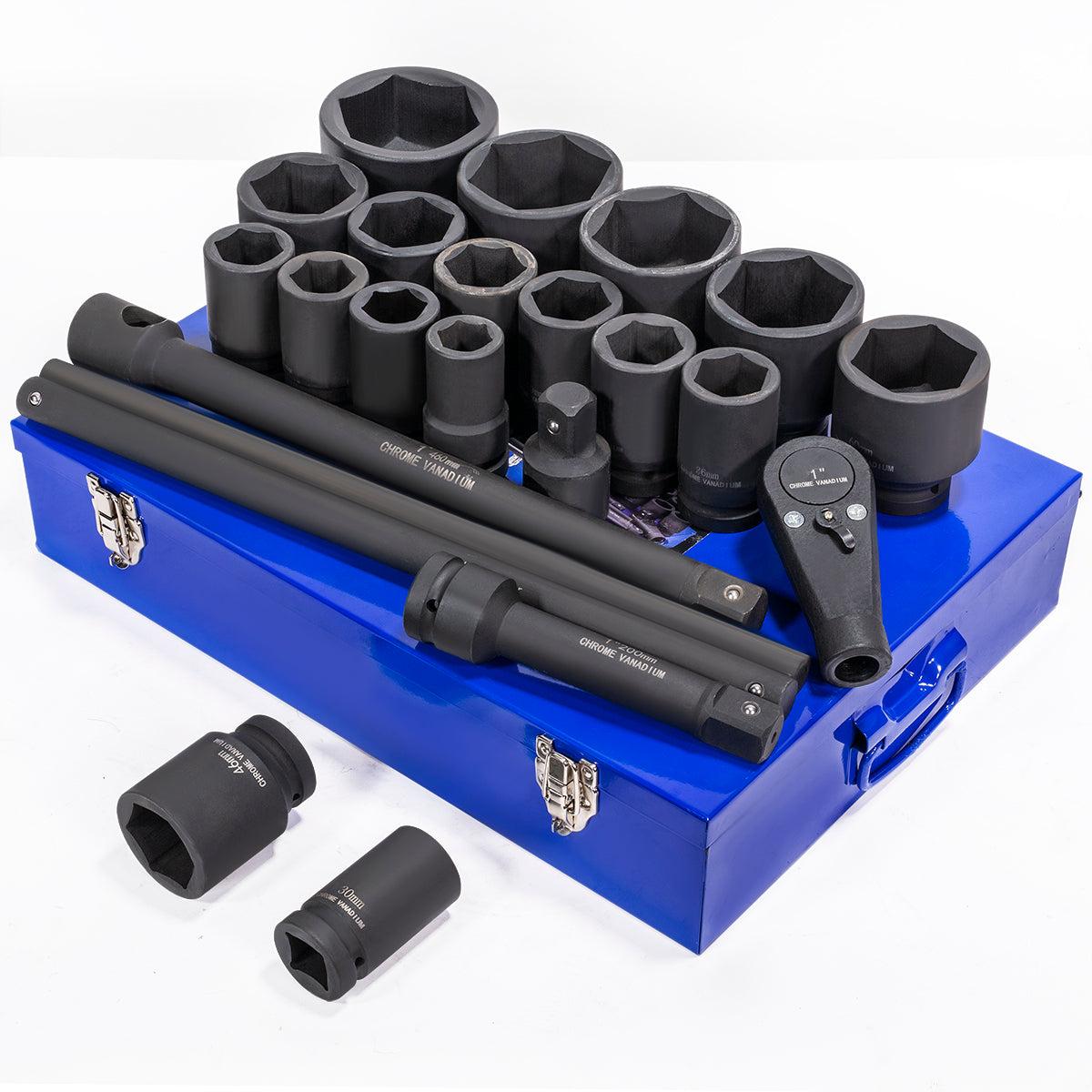 Cr-Mo black oxide impact socket set — professional grade 1/4, 3/8, and 1/2 inch drive impact sockets organized in a carry case