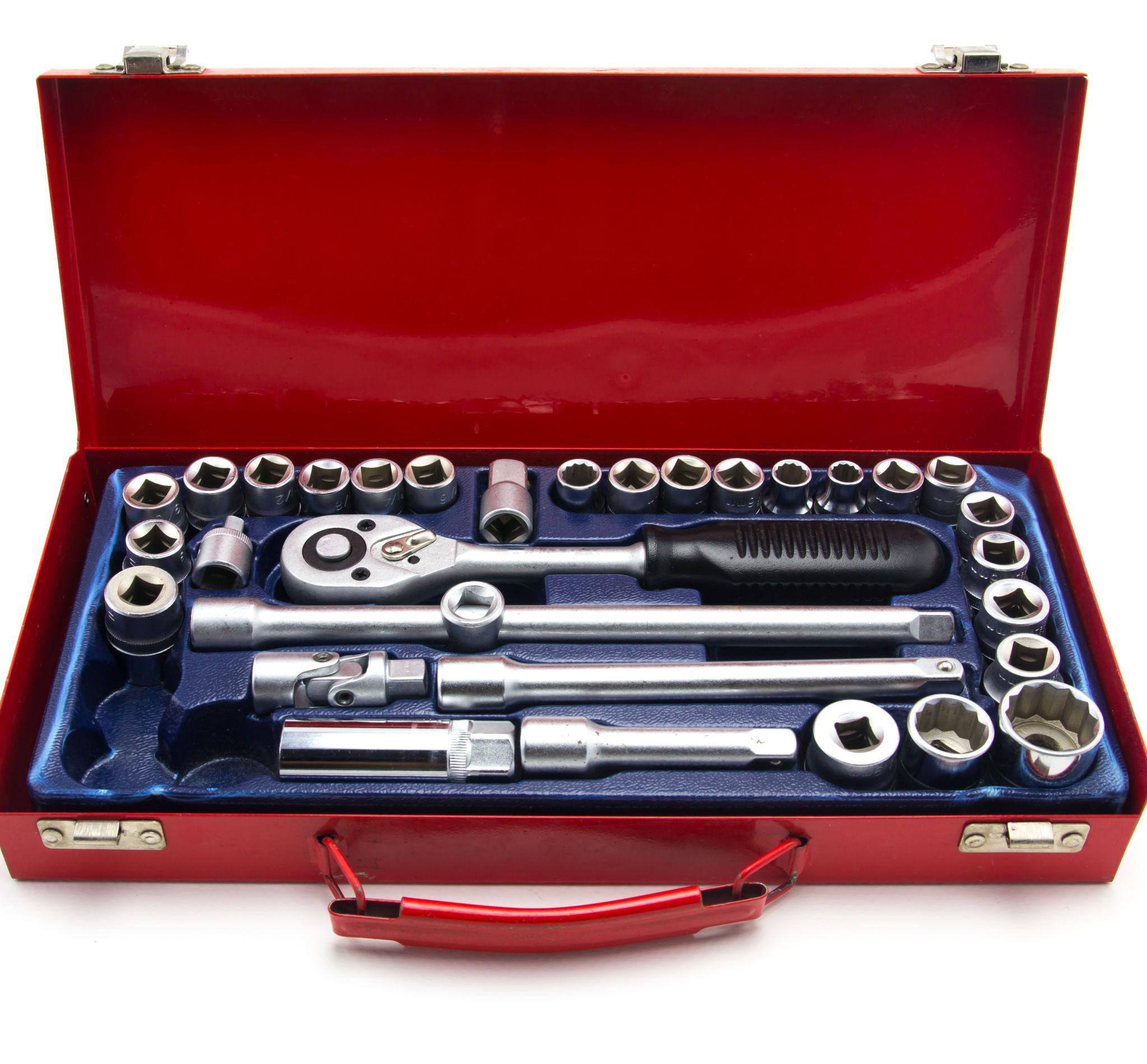 Complete professional socket set in organized blow-molded case — SAE and metric, 1/4, 3/8, and 1/2 inch drive, black oxide impact sockets and chrome hand sockets