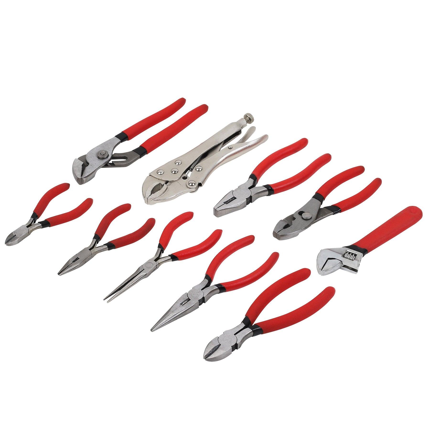 Slip-joint, needle-nose, and locking pliers set — three essential plier types for home repair gripping, bending, and extraction tasks