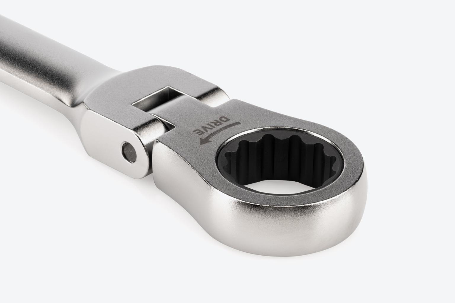 Flex-head ratcheting wrench set — SAE and metric combination ratcheting wrenches with articulating box ends for confined-space fastening