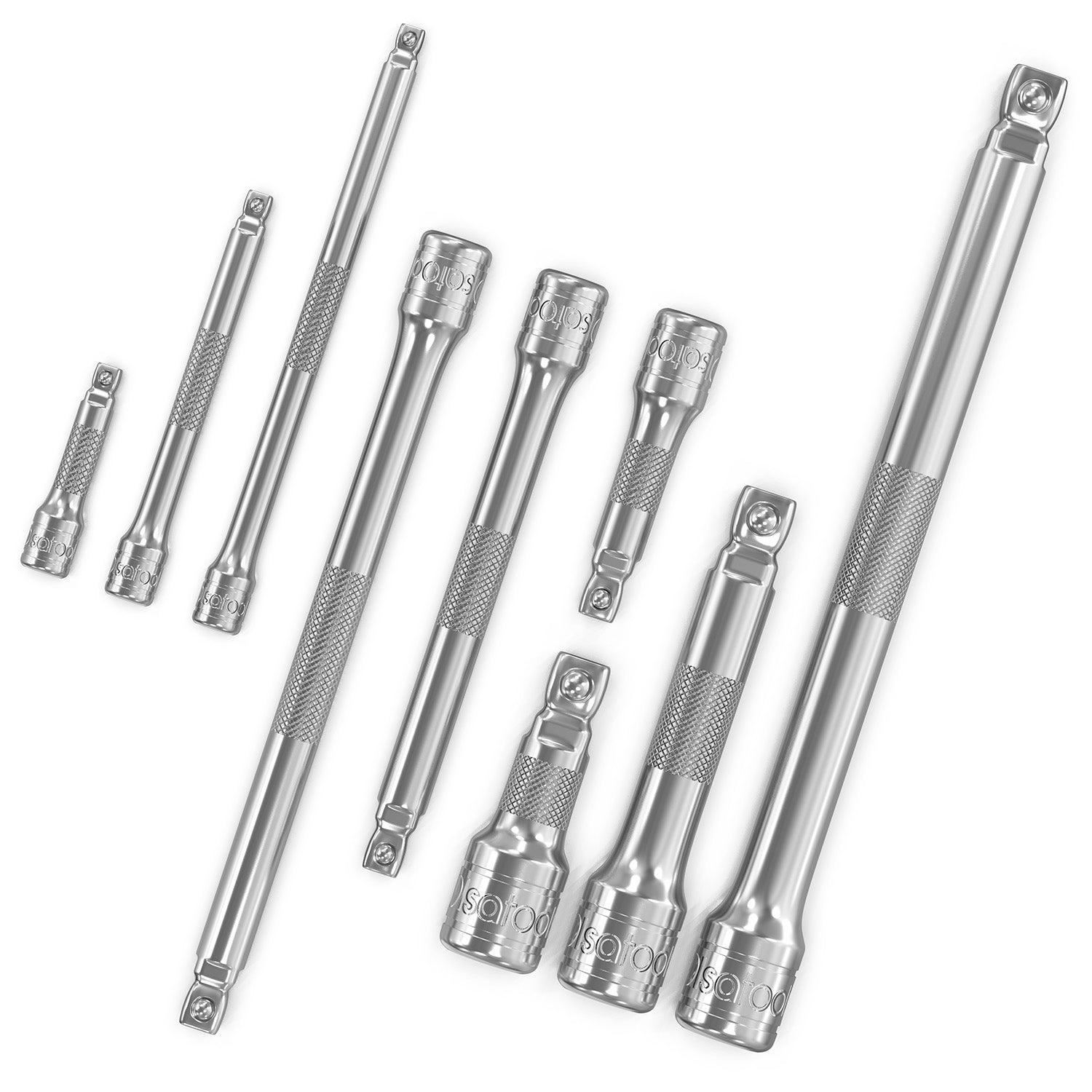 Universal joint adapter set for socket drive systems — 1/4, 3/8, and 1/2 inch drive U-joint adapters enabling angular fastener access