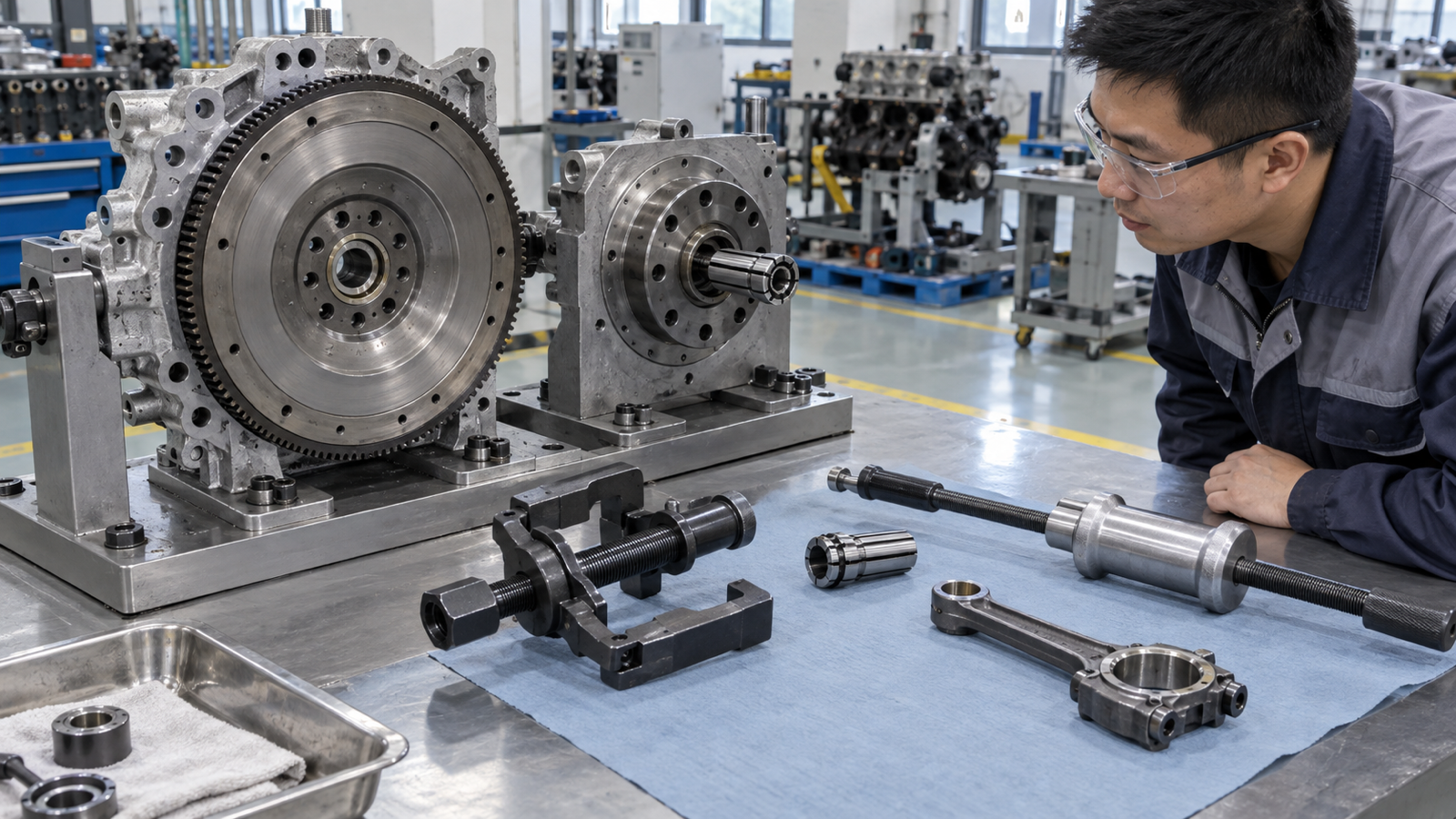 Pilot bearing puller systems displayed beside supported crankshaft and flywheel fixtures.