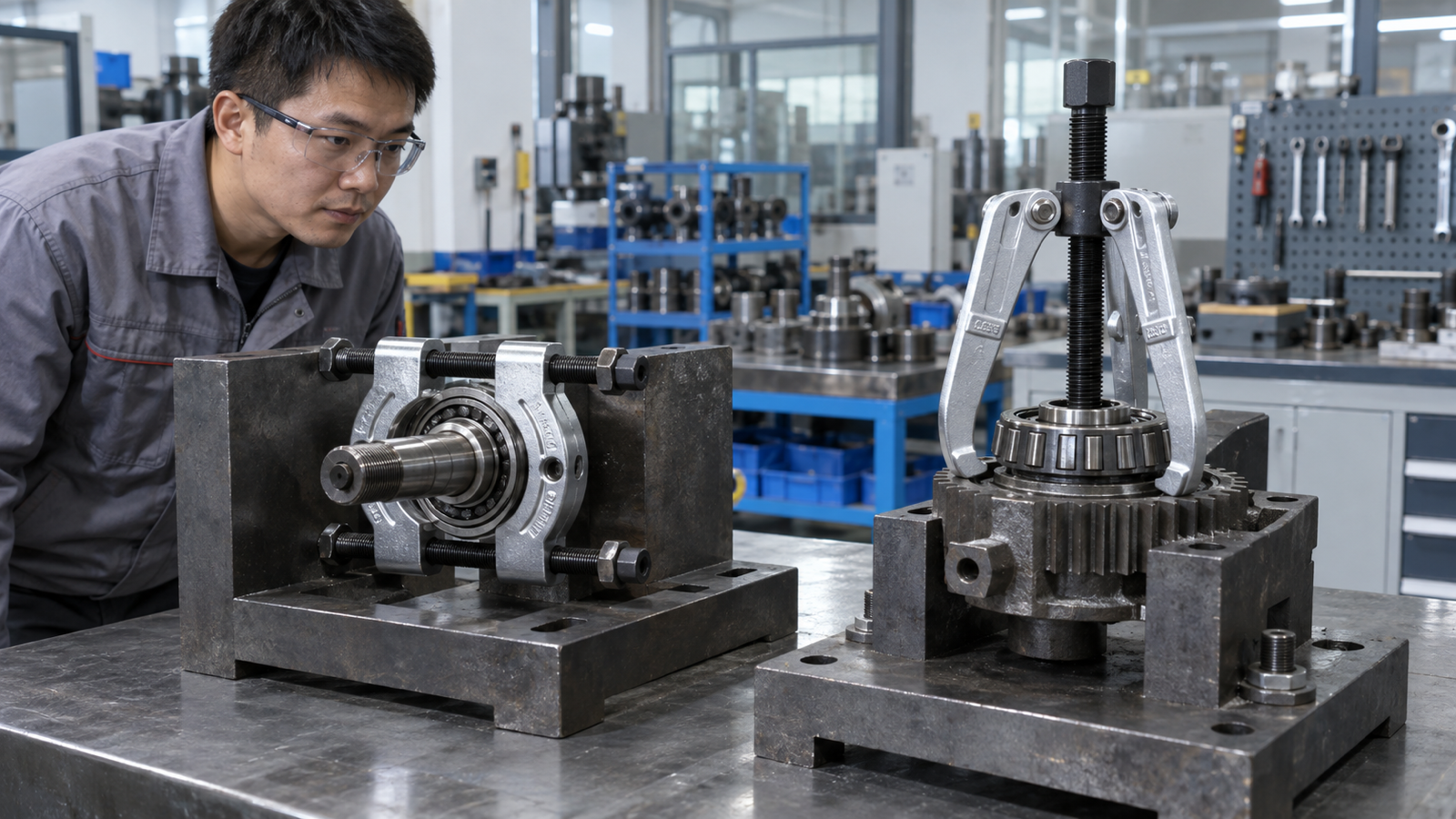 Bearing separator and three-jaw bearing puller compared on separate supported fixtures.