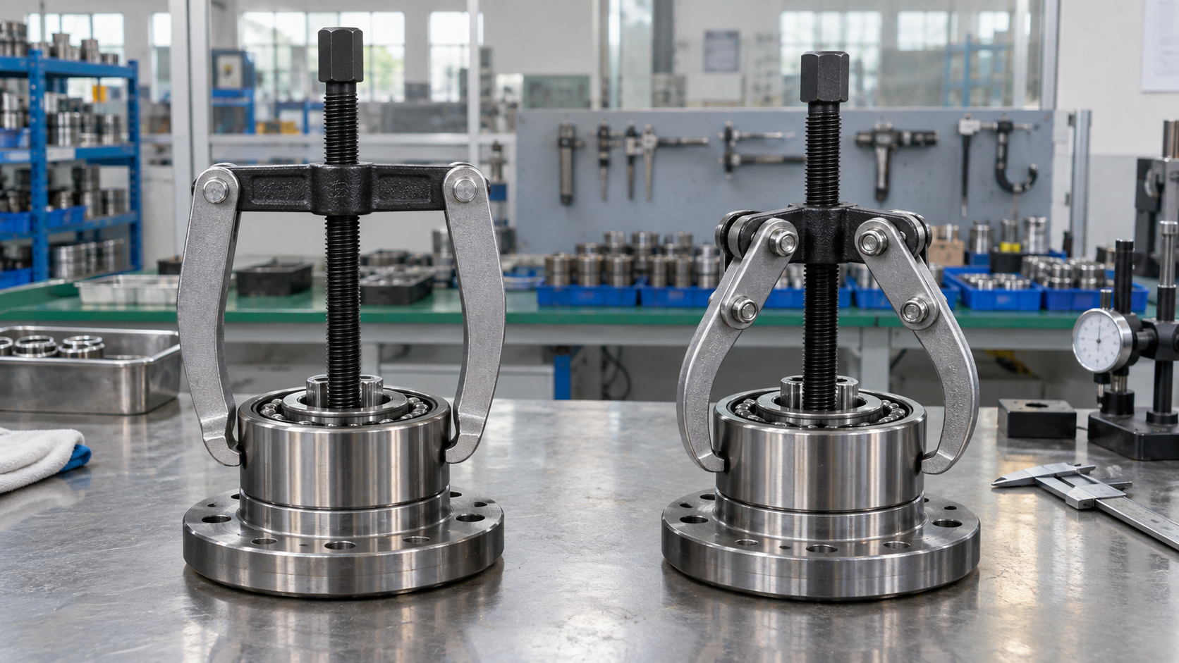 Two-jaw and three-jaw bearing pullers compared on a factory inspection bench