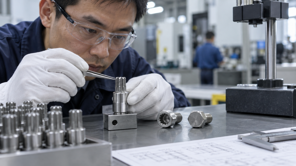 Chinese quality inspector examining an unbranded triple-square XZN socket beside matching and non-matching fasteners.