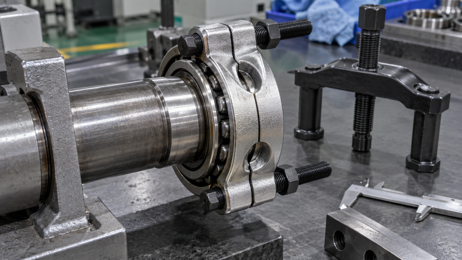 Bearing separator halves seated evenly behind a bearing race on a supported shaft.