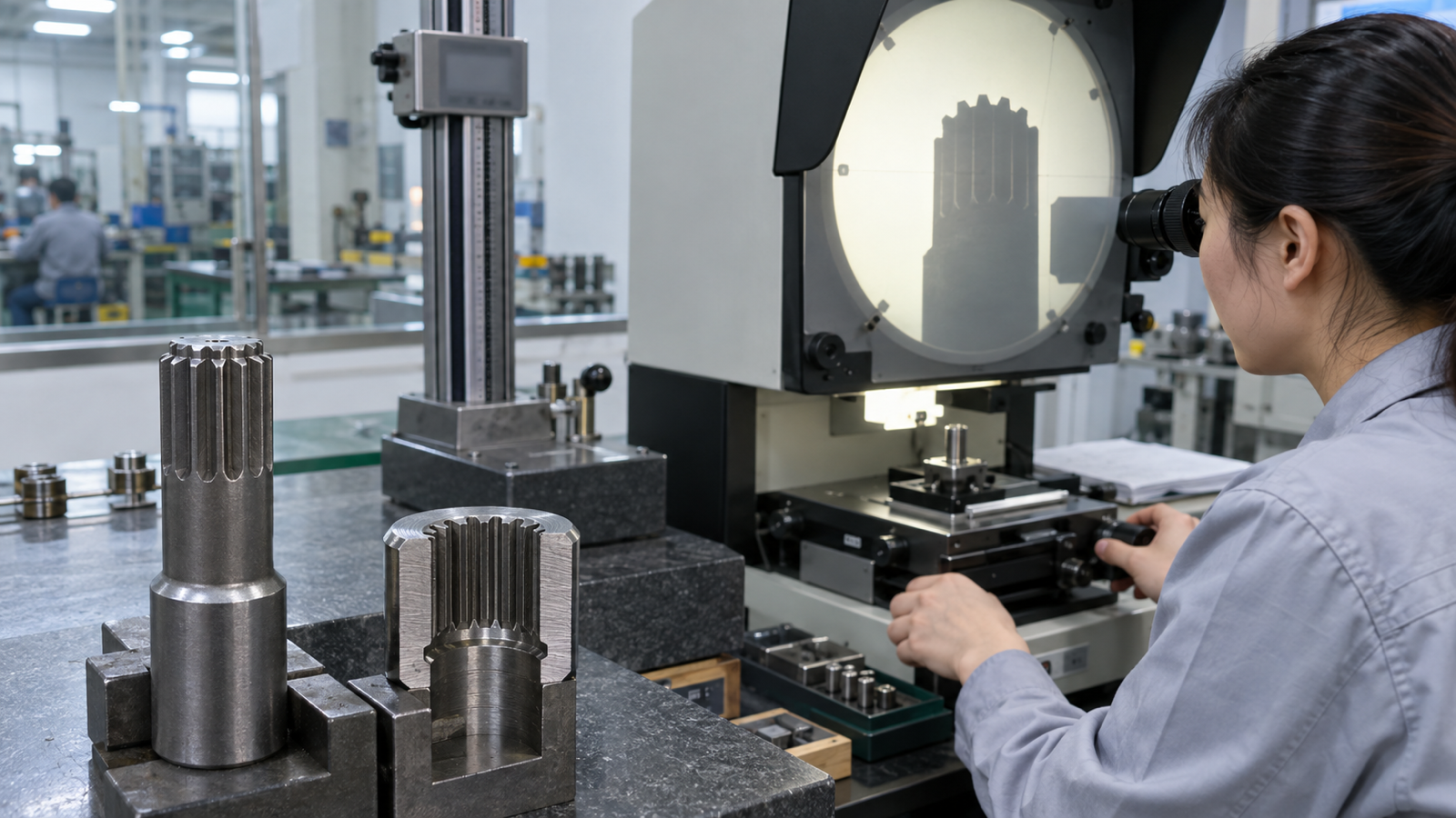 Chinese engineer measuring the square-sided twelve-point geometry and seating depth of an XZN socket.