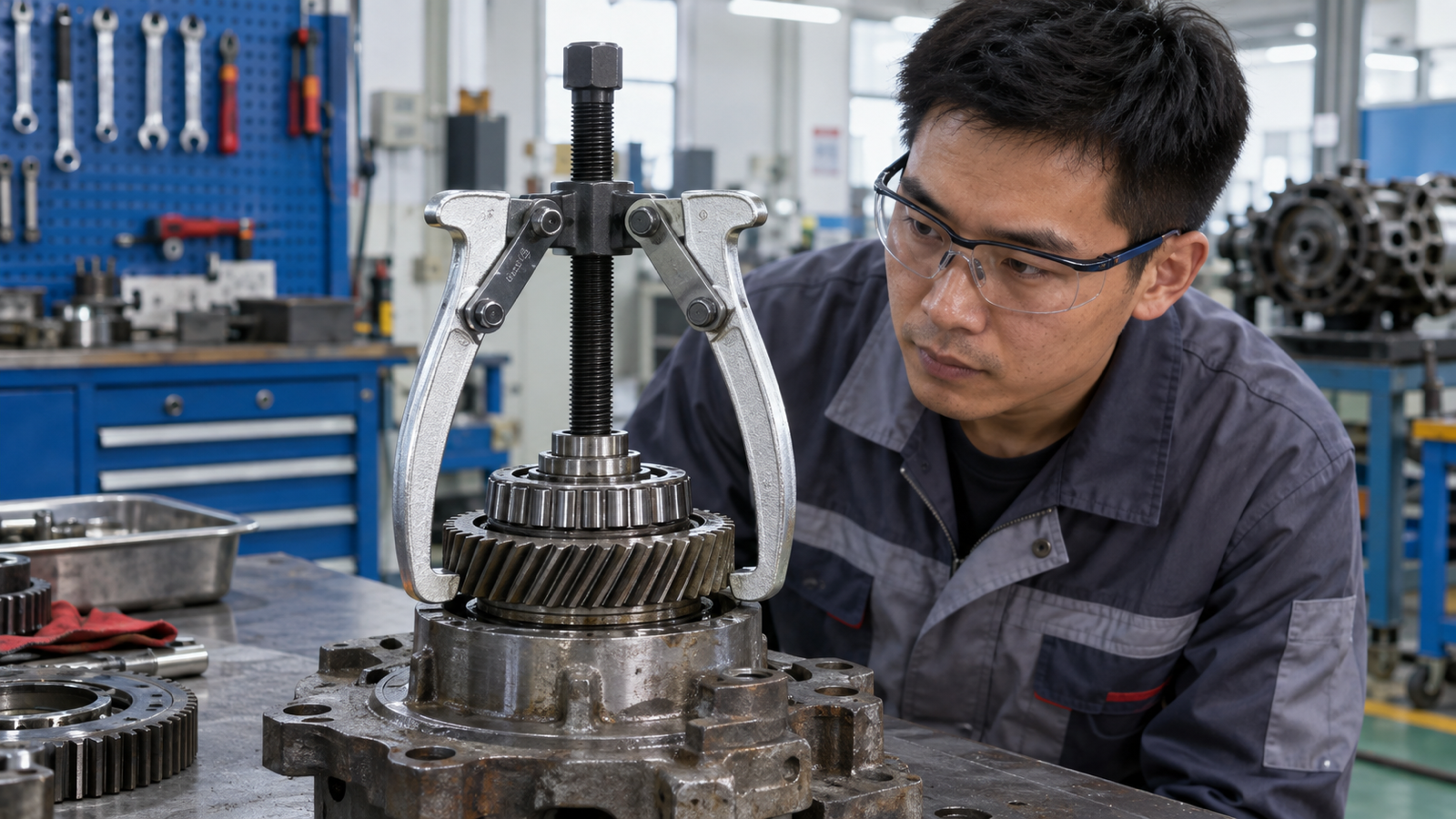 Chinese technician checking three-jaw bearing puller alignment.