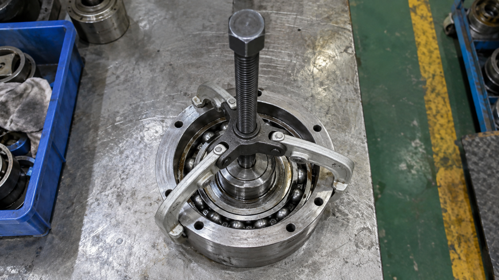 Three-jaw bearing puller showing balanced jaw spacing from above