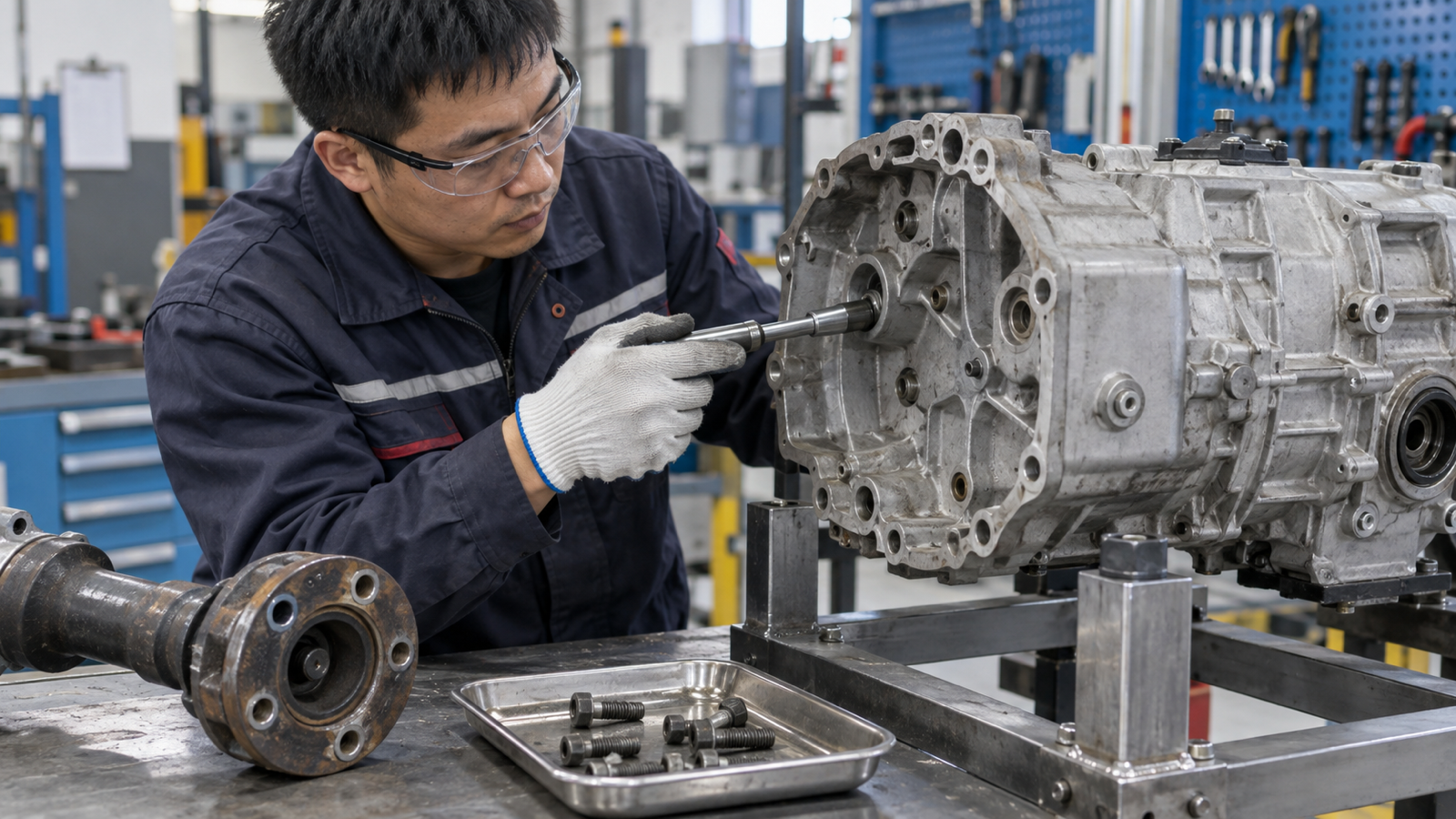Chinese technician checking an XZN socket on an application-specific recessed drivetrain fastener.