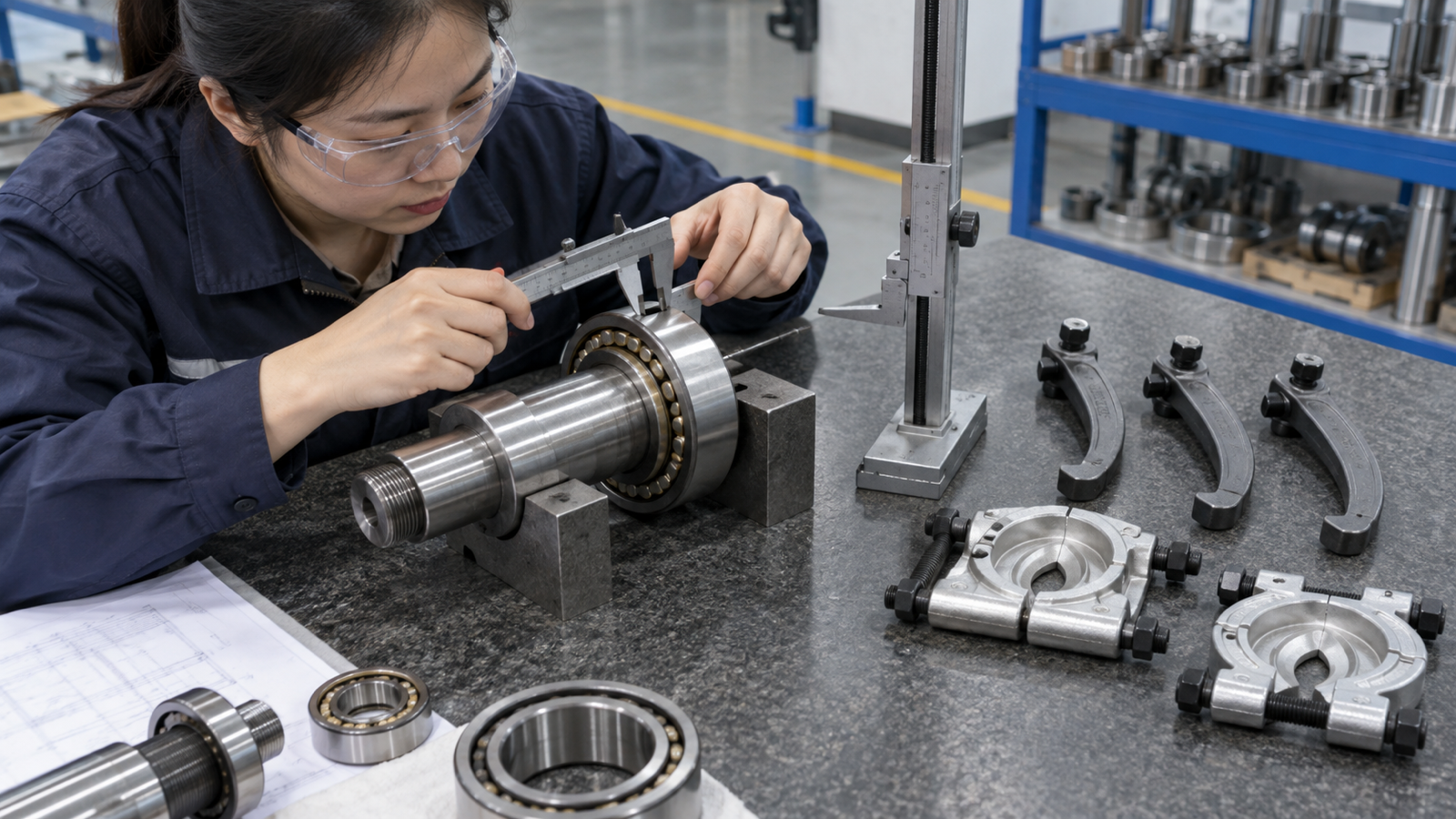 Chinese quality engineer measuring bearing access and rear clearance.