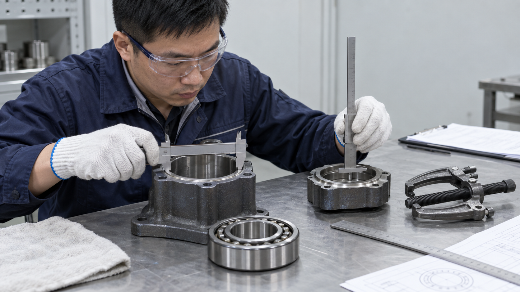 Technician measuring bore, spread, reach, and grip depth