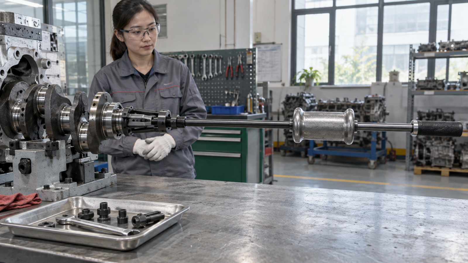 Static slide-hammer pilot bearing puller setup with safe travel clearance.