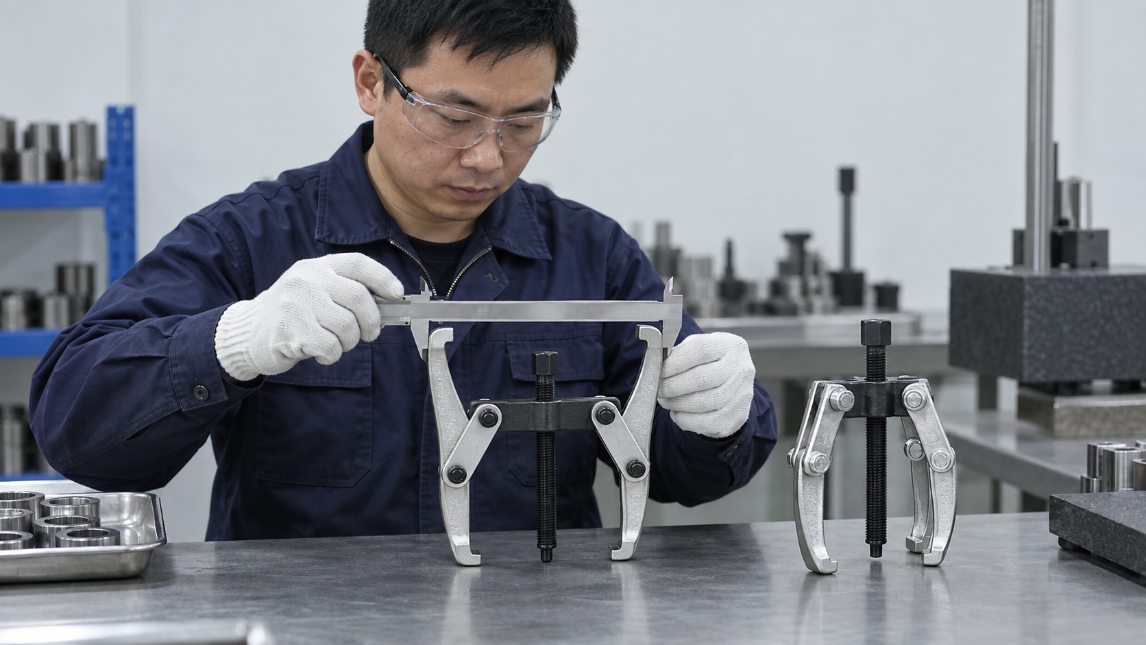 Factory technician measuring bearing puller spread and reach