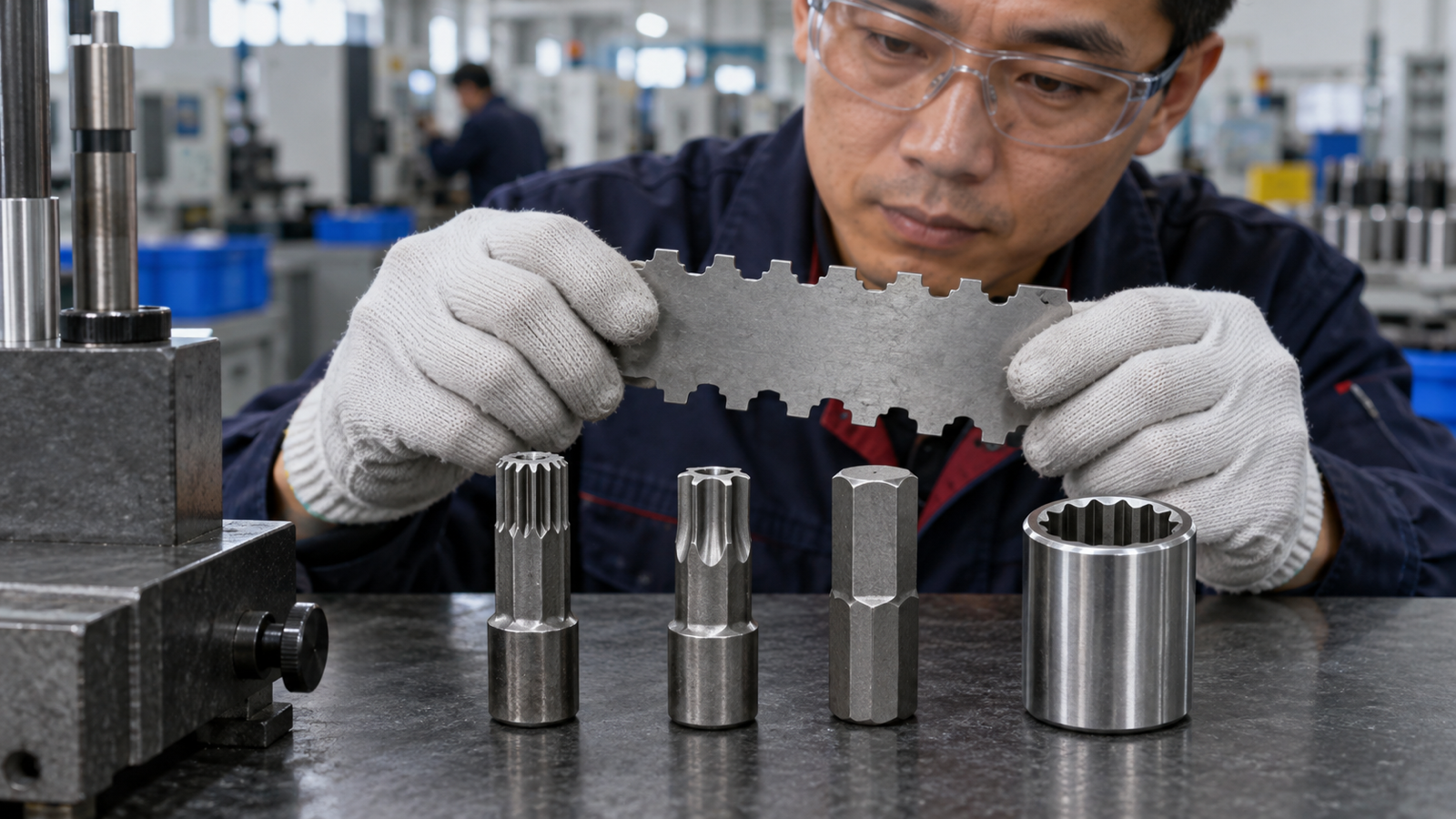 Chinese quality engineer comparing unmarked XZN, Torx, hex, and bi-hex socket profiles.