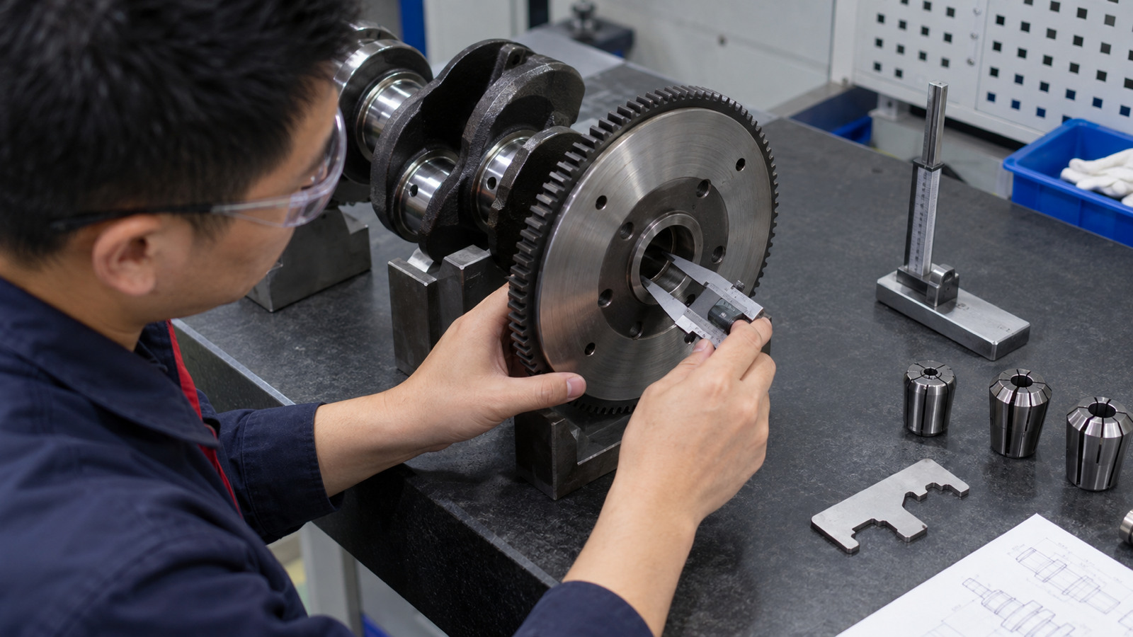 Chinese engineer measuring pilot-bearing bore diameter and usable depth.