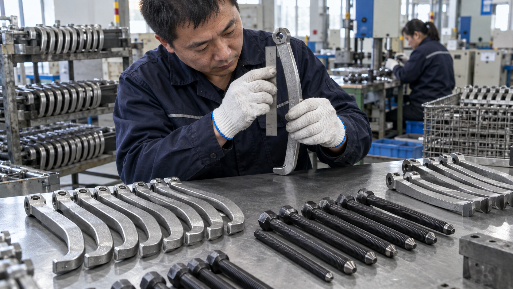 Bearing puller arms and forcing screws undergoing quality inspection