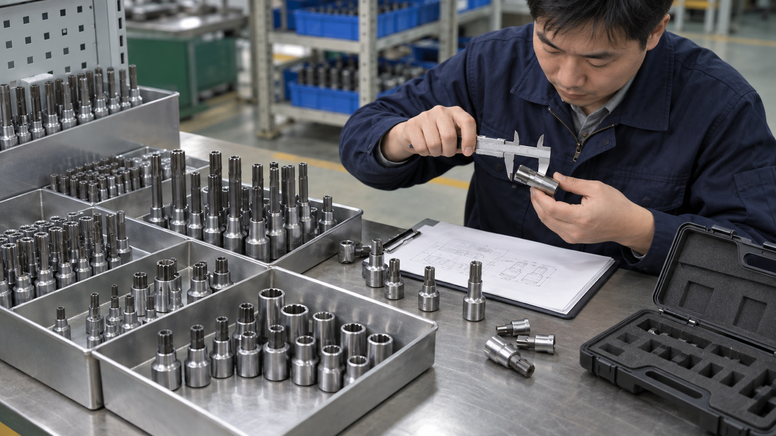 Chinese product engineer measuring XZN socket output, square drive, and bit-projection options.