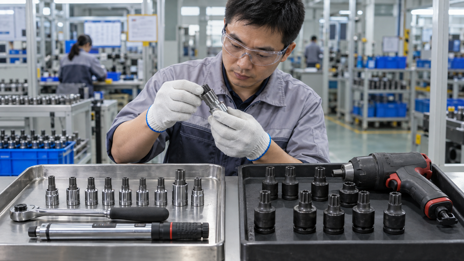 Chinese inspector separating hand-drive and impact-rated XZN socket samples at a guarded factory station.