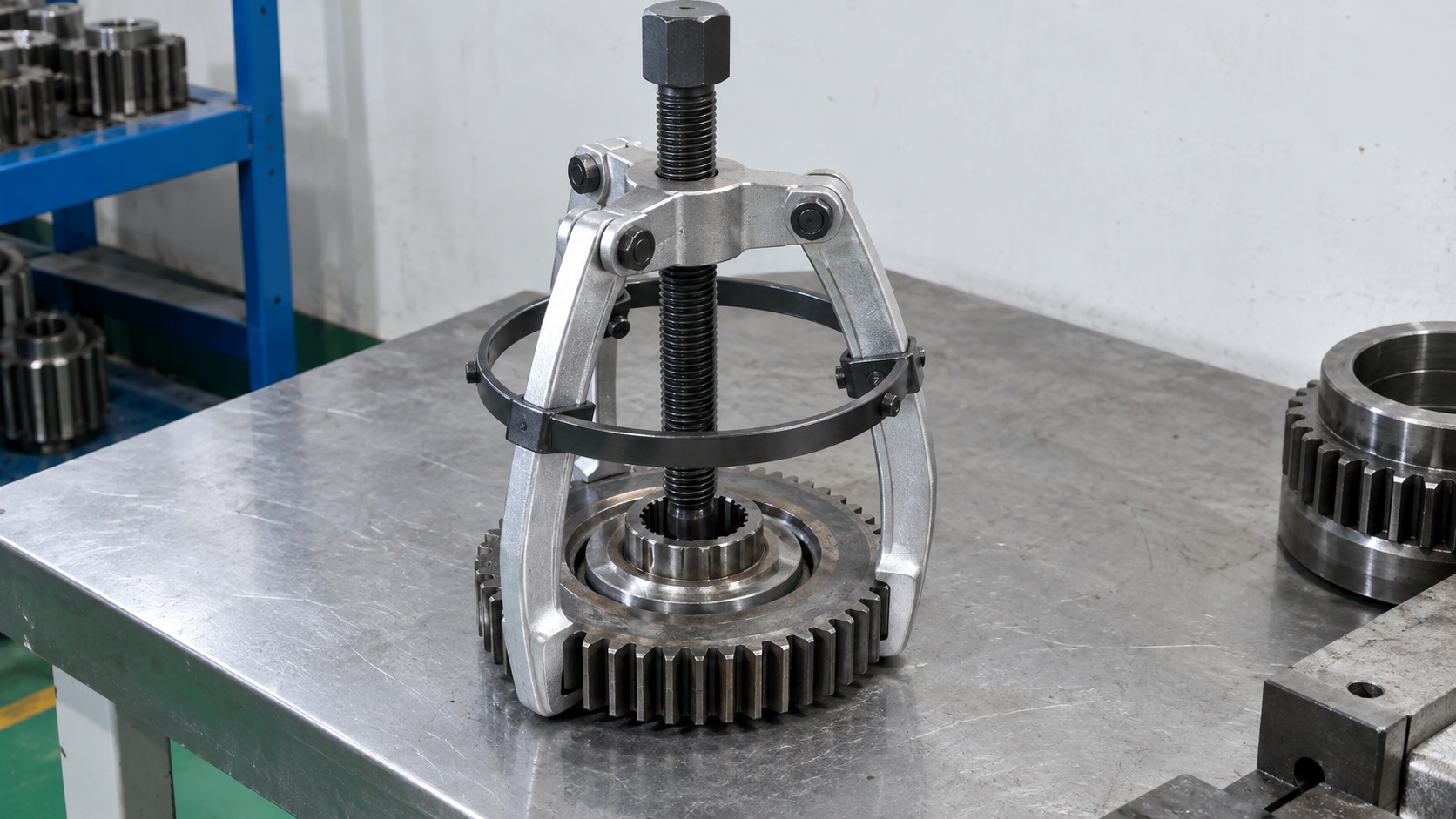 Three-jaw puller with locking cage positioned on a gear