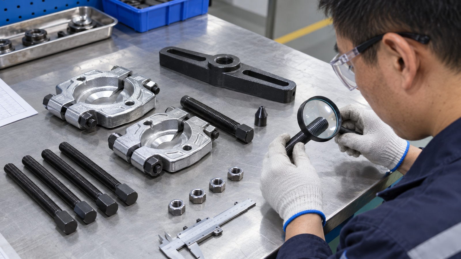 Chinese inspector checking separator plates, studs, threads, and forcing screw condition.