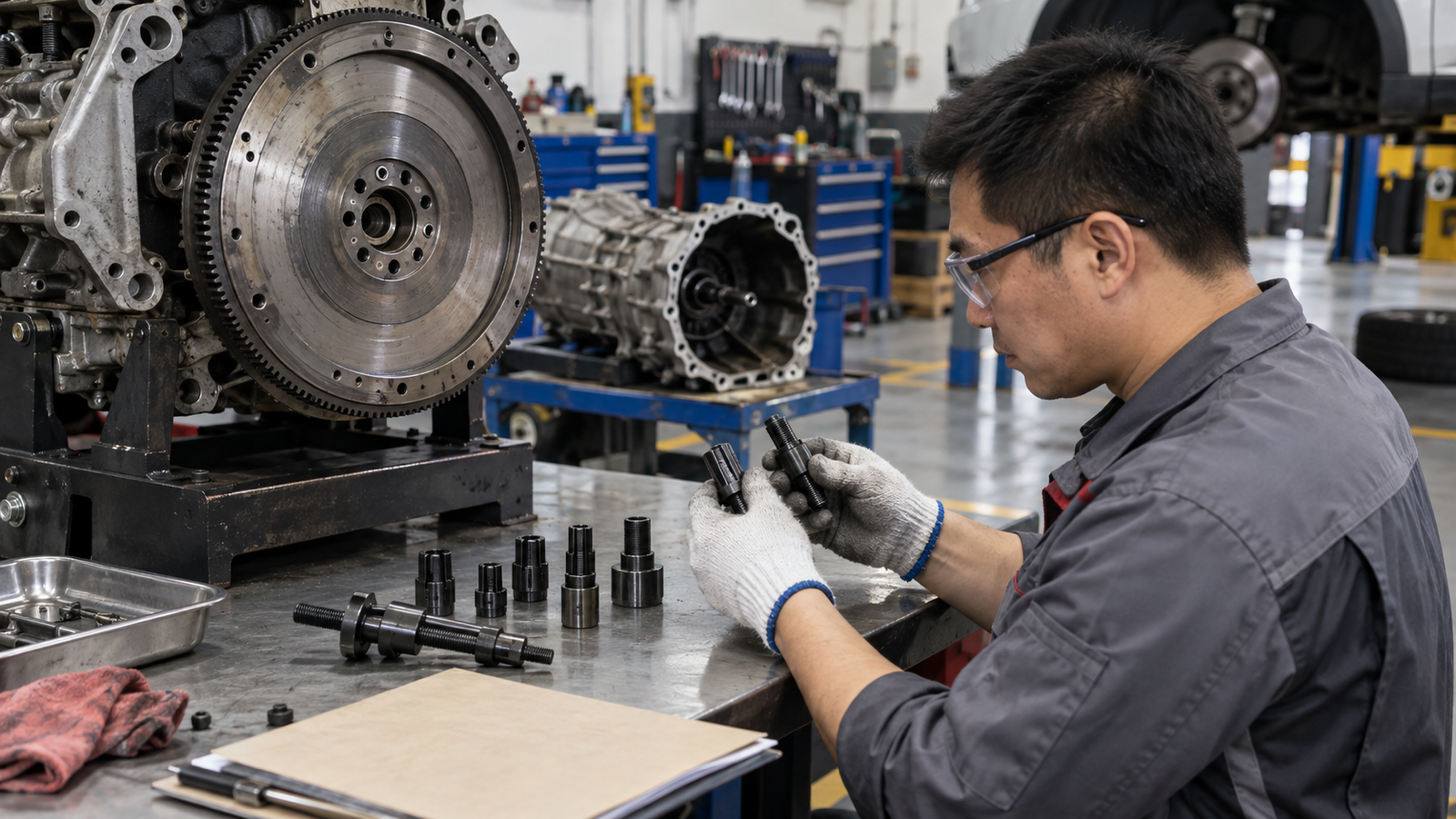 Chinese technician reviewing pilot-bearing adapters at a manual-transmission service fixture.