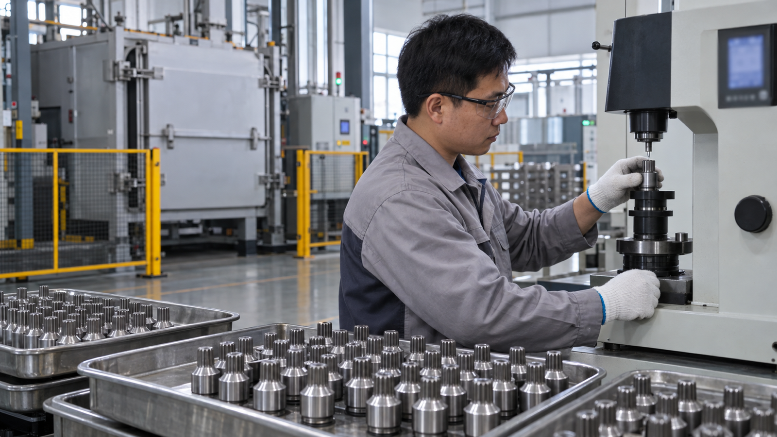 Chinese materials engineer checking a cooled XZN socket sample after controlled heat treatment.