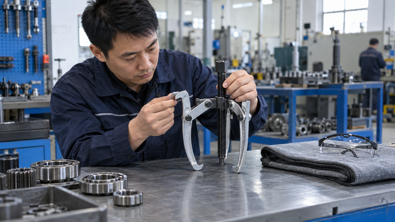 Technician inspecting puller jaws and forcing screw before use