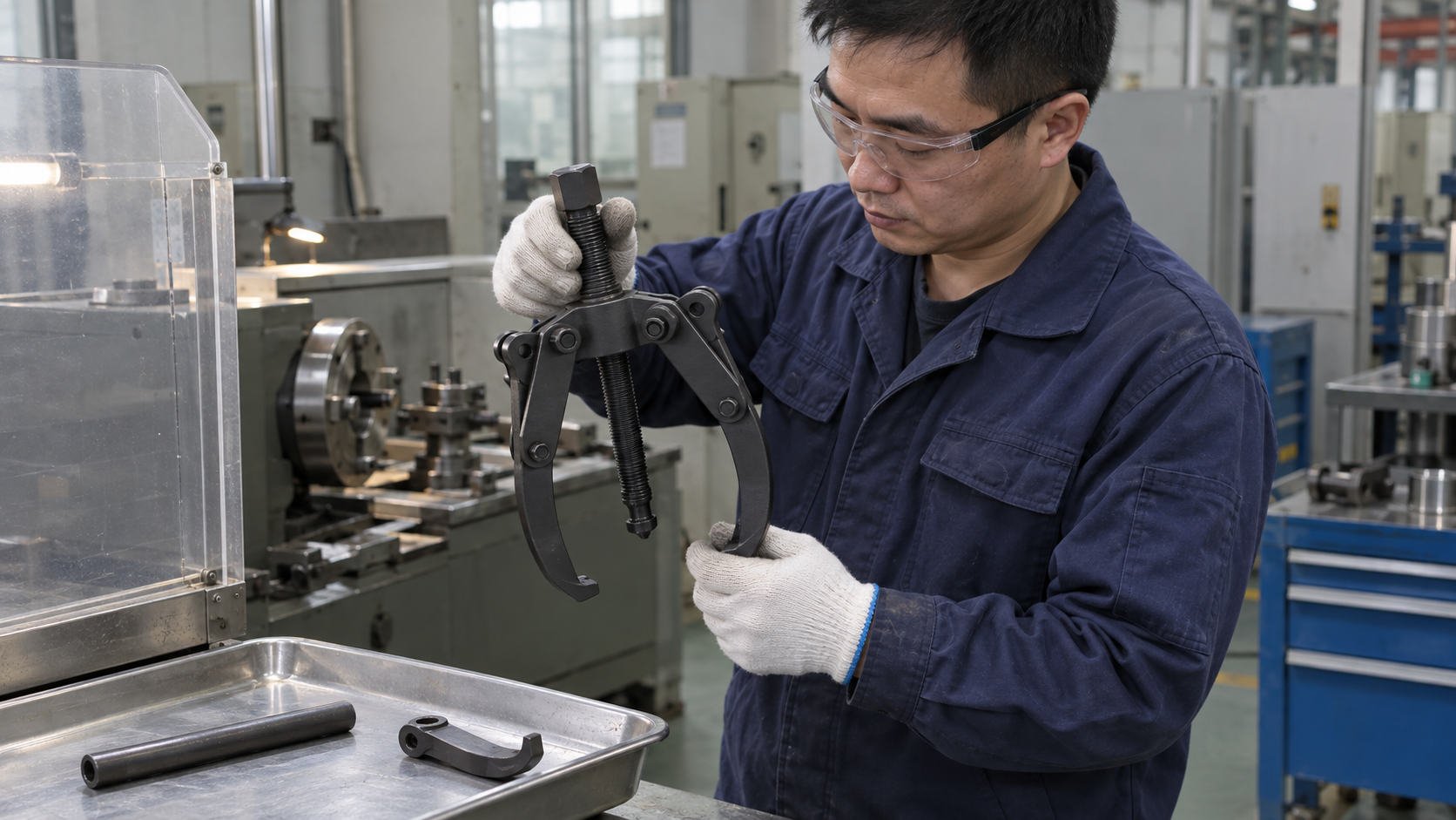 Technician checking puller engagement and guarding before use