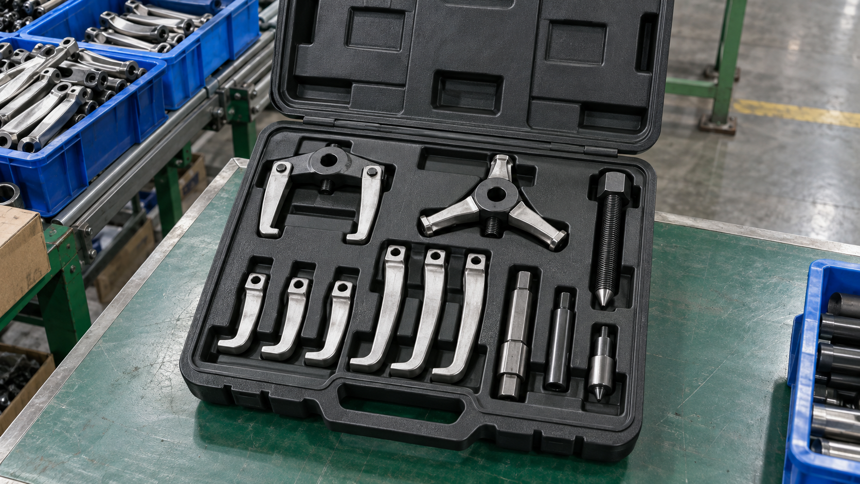 Combination two-jaw and three-jaw bearing puller kit in a molded case