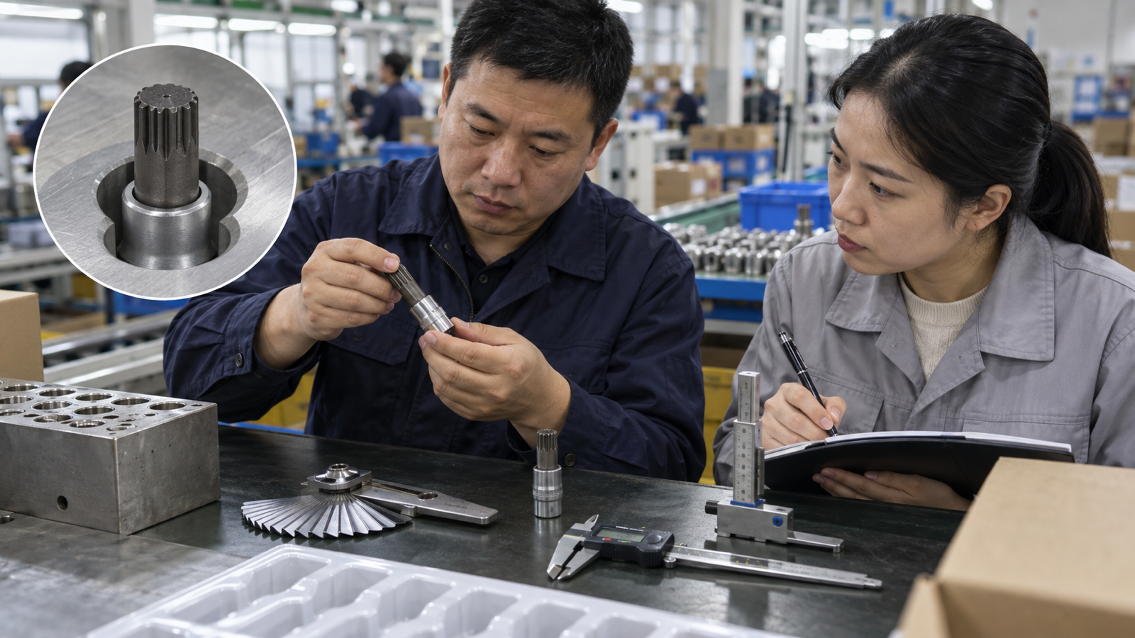 Chinese private-label quality team inspecting XZN profile fit, bit projection, drive, and finish with gauges.