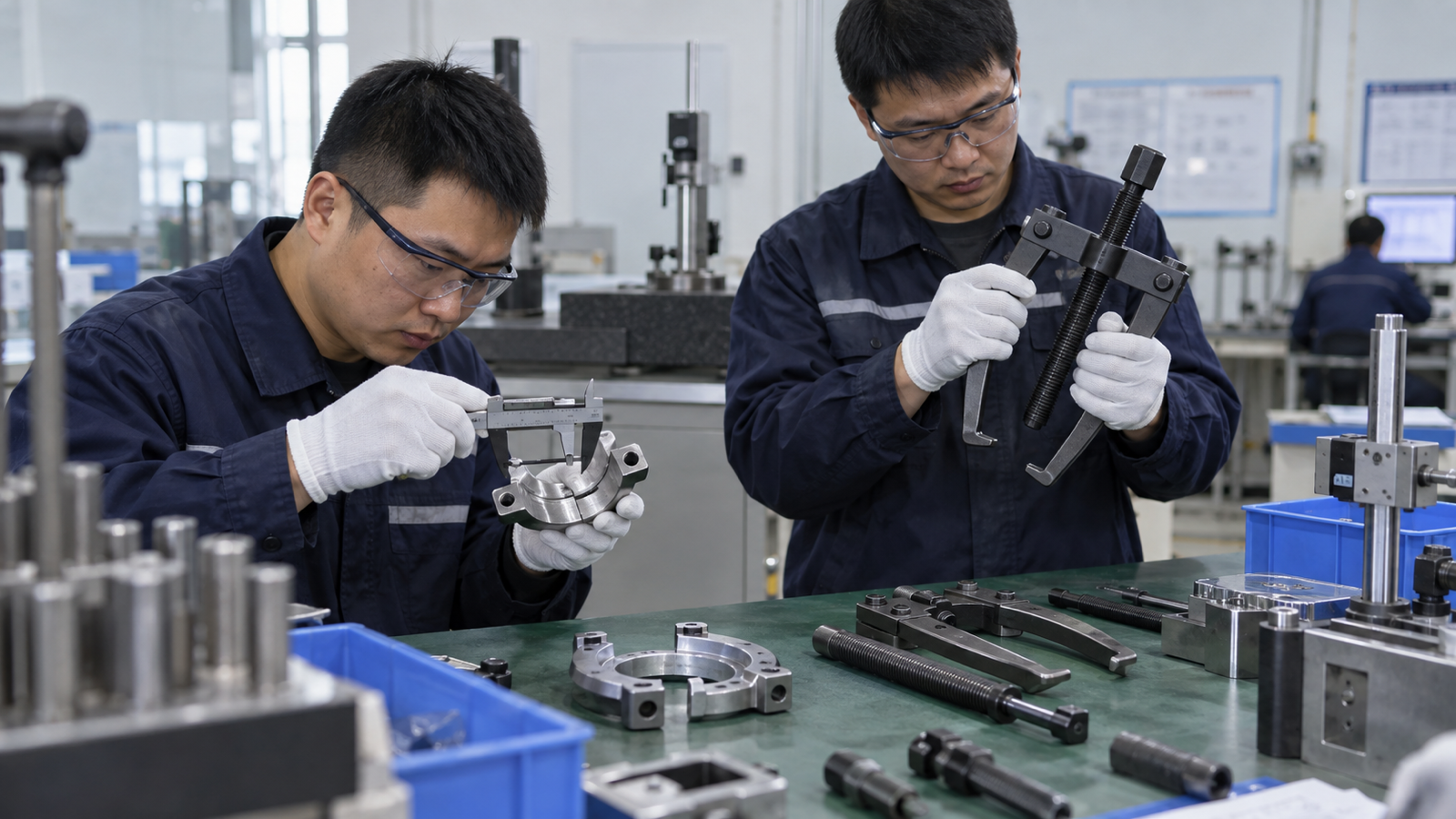 Chinese quality team inspecting bearing separator and puller components.