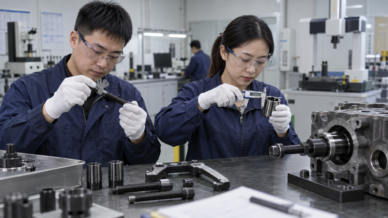 Chinese quality engineers inspecting pilot puller threads, collets, and fit.