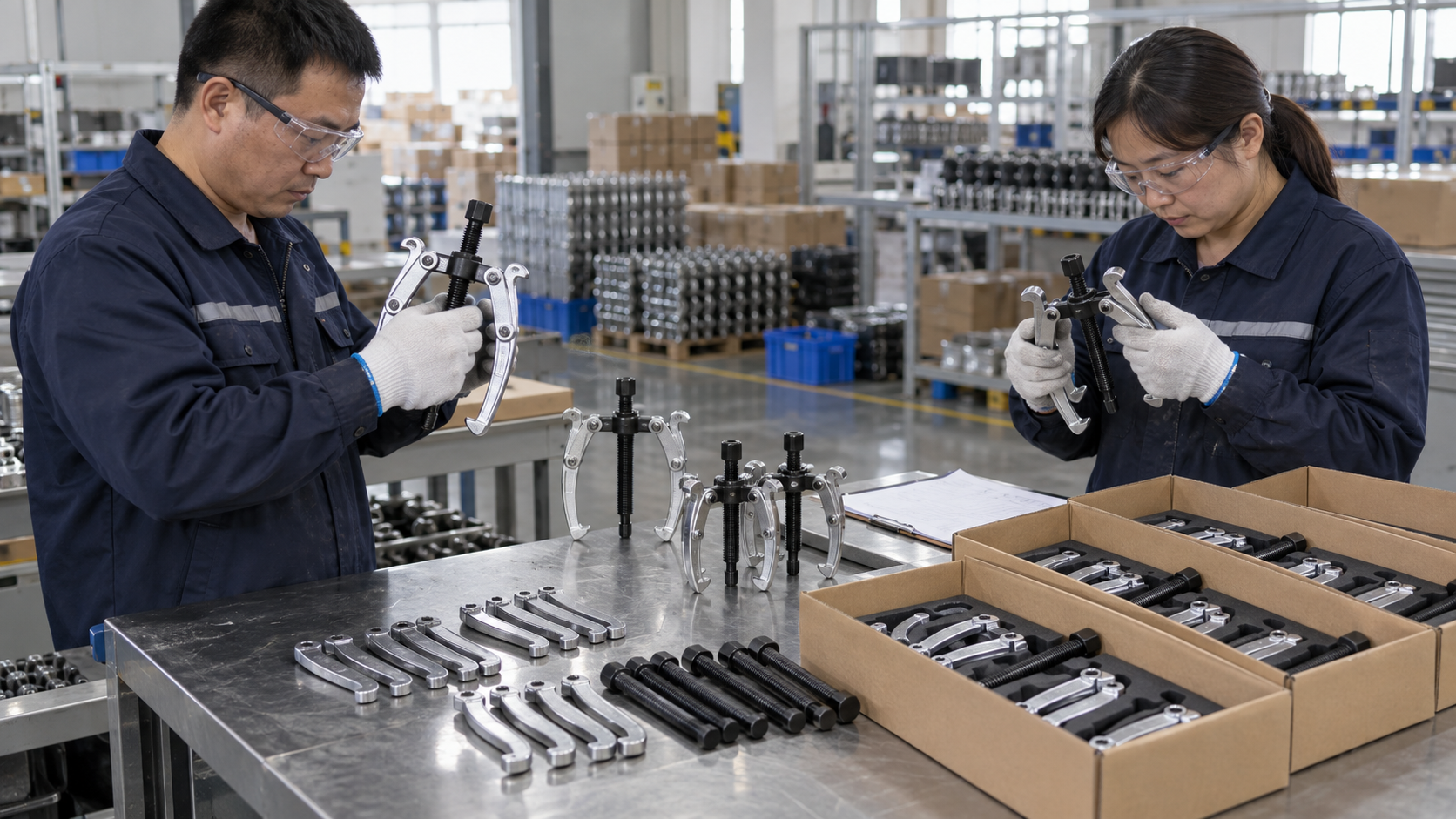 Factory inspectors checking bearing pullers before shipment