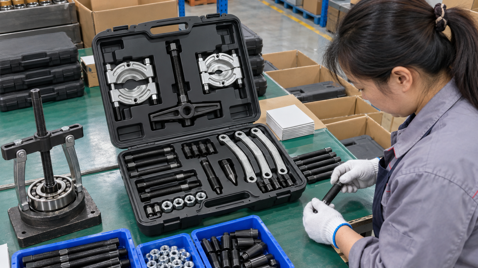 Unbranded bearing separator and puller kit arranged in a fitted case.