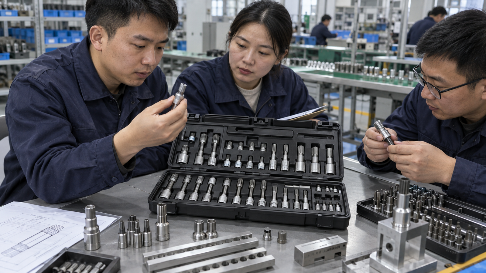 Chinese B2B team arranging an application-based XZN triple-square socket assortment in an unbranded case.