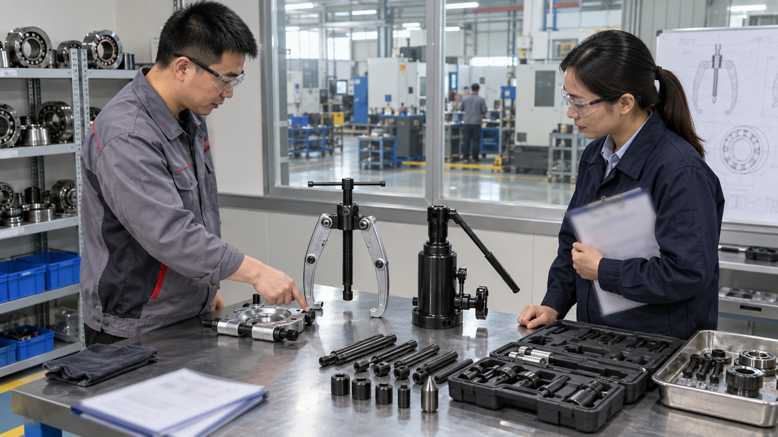 Chinese supplier and buyer reviewing bearing separator and puller samples.