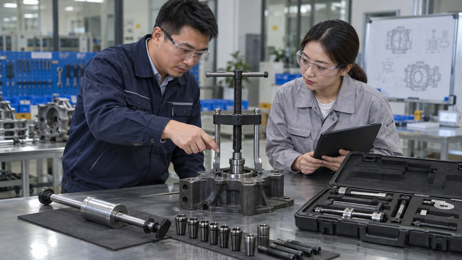 Chinese supplier and buyer approving a pilot bearing puller sample package.