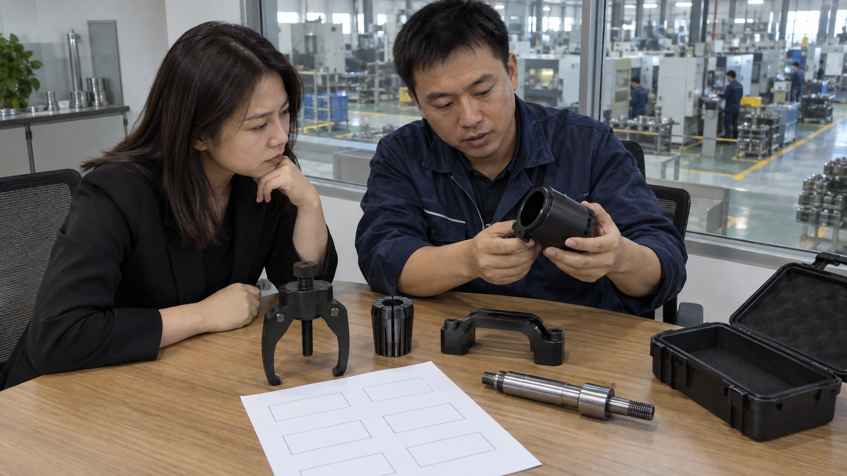Chinese buyer and engineer reviewing bearing puller RFQ samples