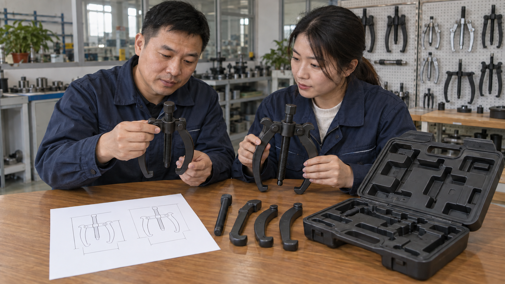 Factory team reviewing two-jaw and three-jaw puller samples for an RFQ