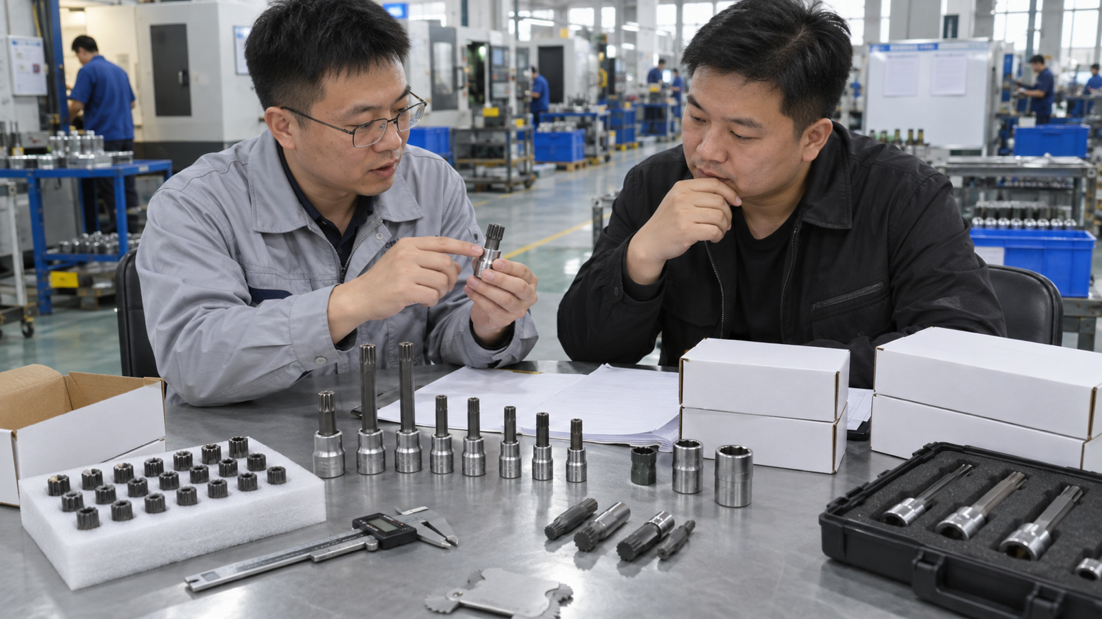 Chinese supplier and buyer approving an unbranded XZN socket RFQ sample, fit, drive, length, and packaging.