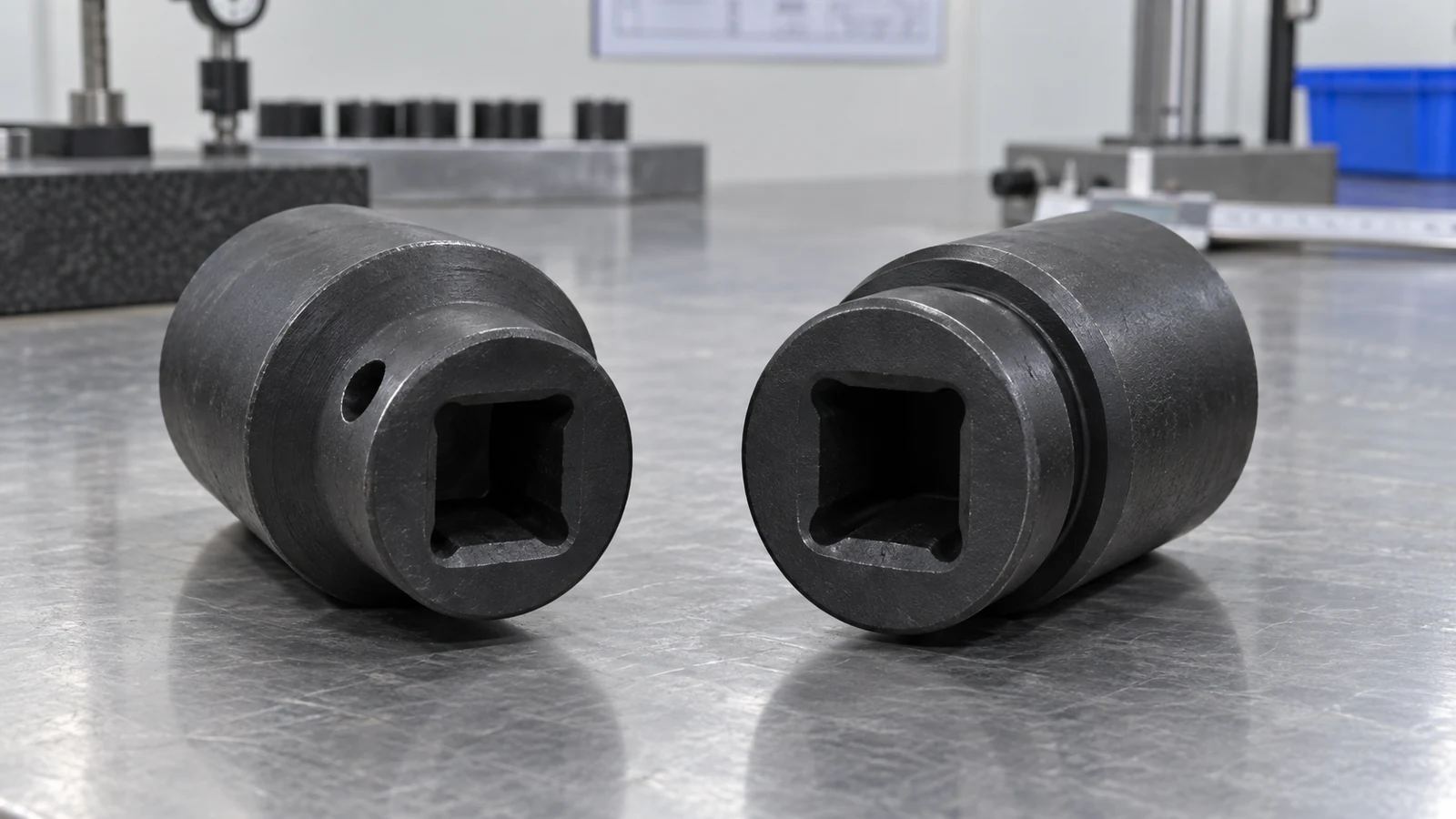 Impact socket drive ends and retention features arranged for compatibility review