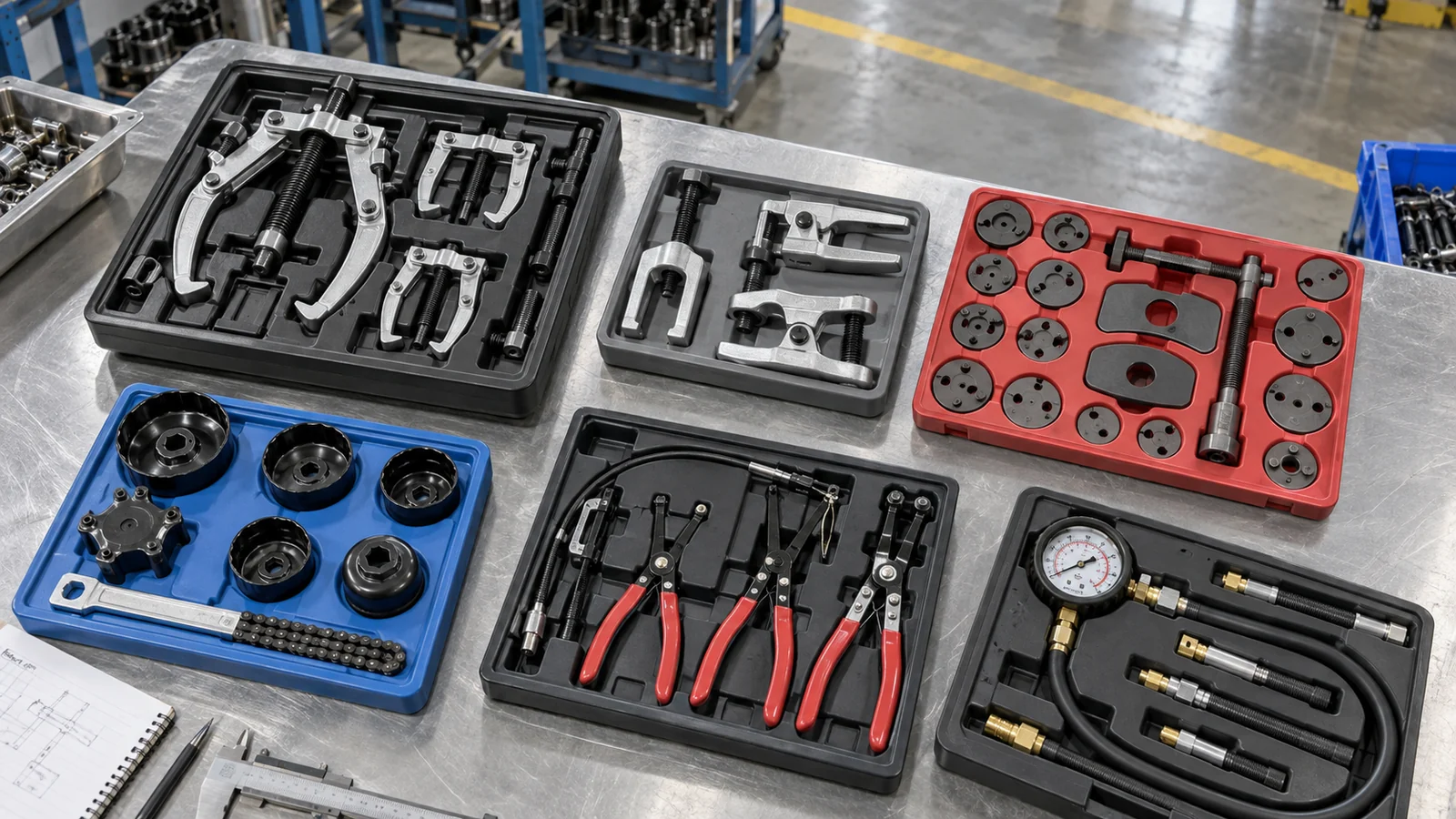 Automotive puller, brake, filter and pressure service tool kits