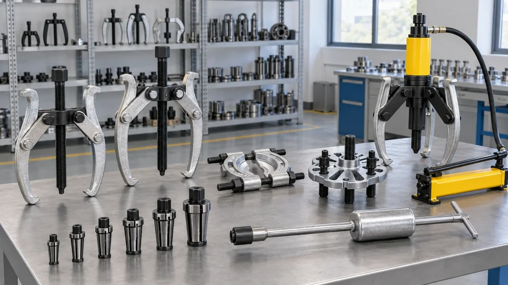 Bearing puller families arranged on a workbench for a U.S. B2B selection guide