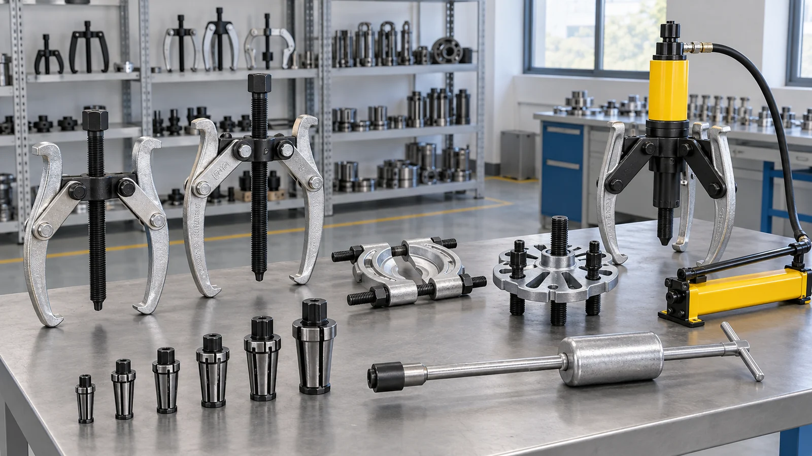 Bearing puller families arranged on a workbench for a U.S. B2B selection guide